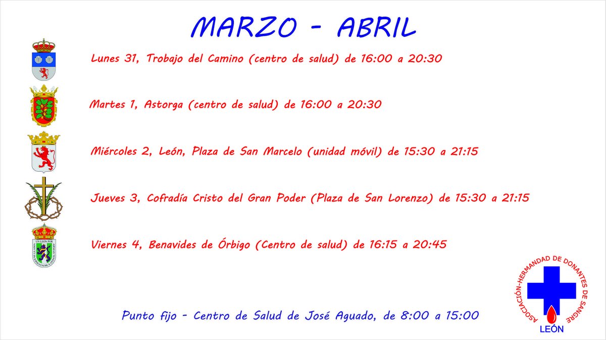 ¿Ya has cambiado la hora? Nosotros sí.
Esta semana estaremos en Trobajo del Camino, <a href="/AytoAstorga/">Ayuntamiento de Astorga</a>, Plaza de San Marcelo #LeonEsp, <a href="/GranPoderLeon/">Gran Poder León</a> y Benavides de Órbigo. 
El punto fijo abrirá en horario de mañanas. #DonaSangre