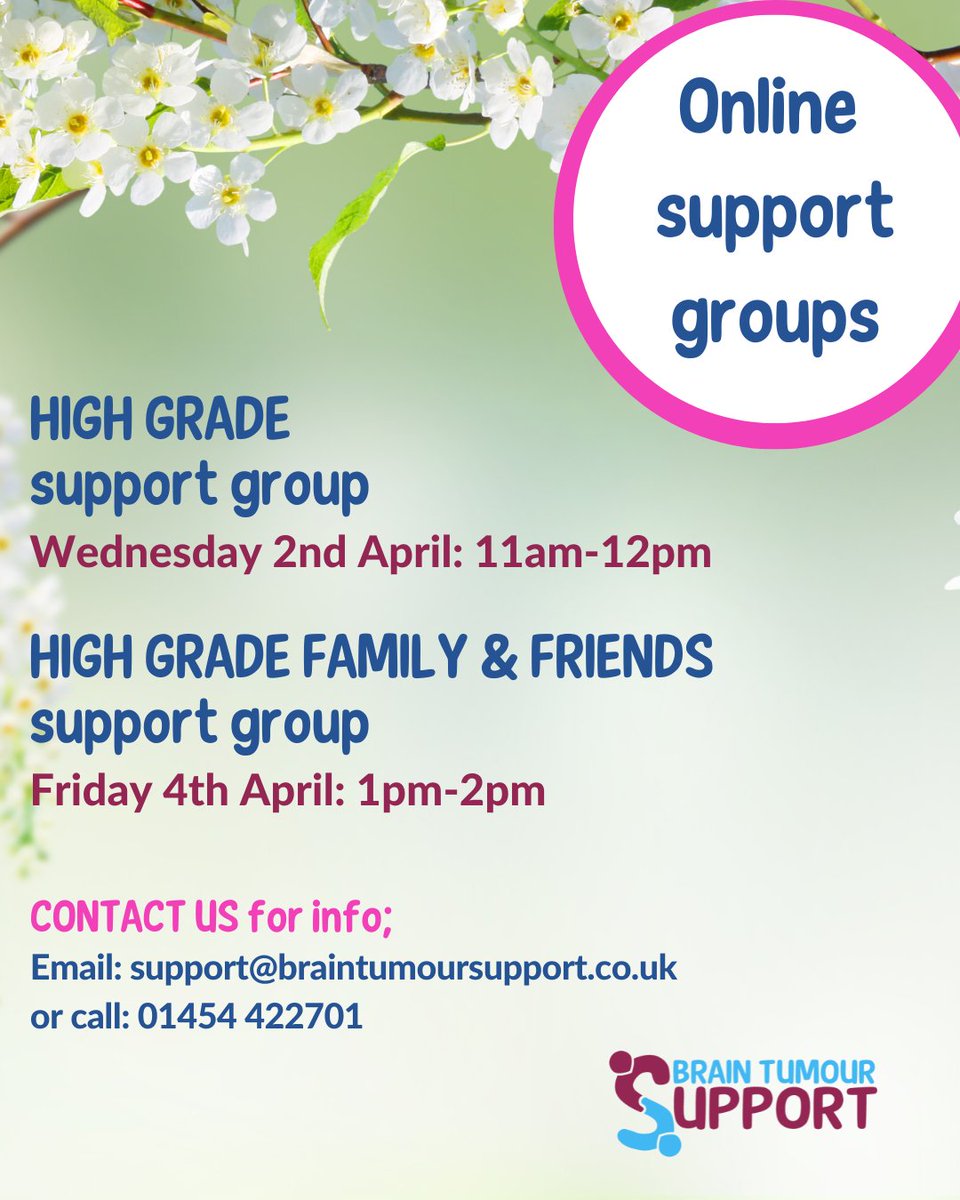 Brain Tumour Support π (@braintumoursupp) on Twitter photo As we spring forward into April and hopefully more sunshine this week, we look forward to seeing you at our support groups.
We also have two face to face sessions this week in Cardiff and Bristol.
Call 01454 422701 or email support@braintumoursupport.co.uk
#braintumoursupport As we spring forward into April and hopefully more sunshine this week, we look forward to seeing you at our support groups.
We also have two face to face sessions this week in Cardiff and Bristol.
Call 01454 422701 or email support@braintumoursupport.co.uk
#braintumoursupport