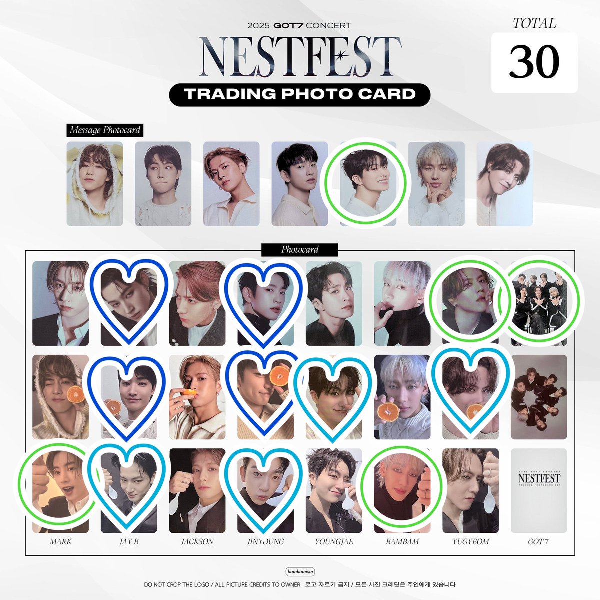 GOT7_87's tweet photo. 更新

GOT7 NESTFEST
WINTER HEPTAGON

トレカ交換
譲:画像の◯がついているもの
求:画像の♡がついているもの
　　(青✖️白/ジニョン、ジェボム優先)

※1枚目同士、2枚目同士での
　　交換希望です。
※郵送での交換希望です。

#GOT7 #GOT7_NESTFEST
#GOT7交換 https://t.co/qKQwf9LXqr