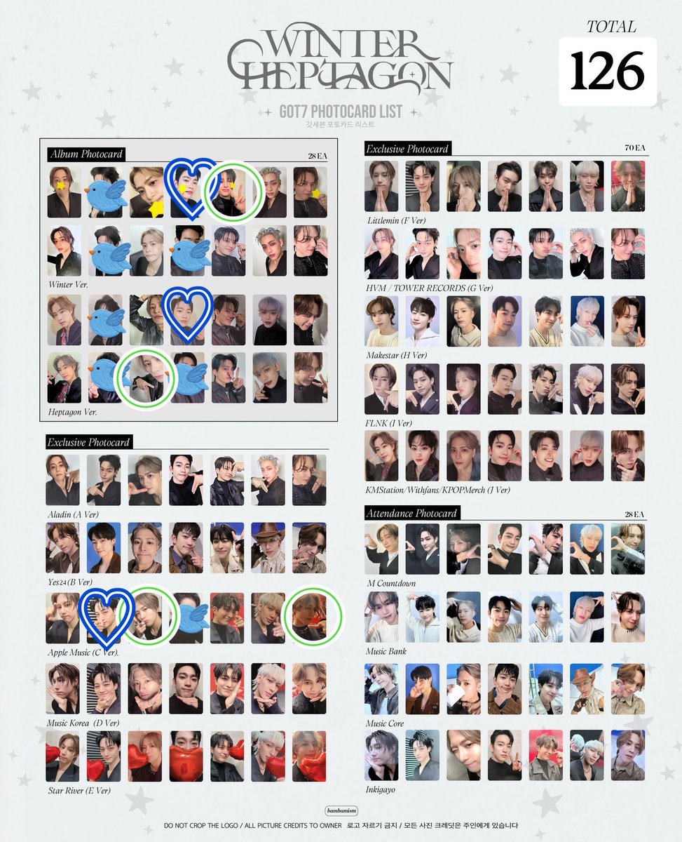 GOT7_87's tweet photo. 更新

GOT7 NESTFEST
WINTER HEPTAGON

トレカ交換
譲:画像の◯がついているもの
求:画像の♡がついているもの
　　(青✖️白/ジニョン、ジェボム優先)

※1枚目同士、2枚目同士での
　　交換希望です。
※郵送での交換希望です。

#GOT7 #GOT7_NESTFEST
#GOT7交換 https://t.co/qKQwf9LXqr