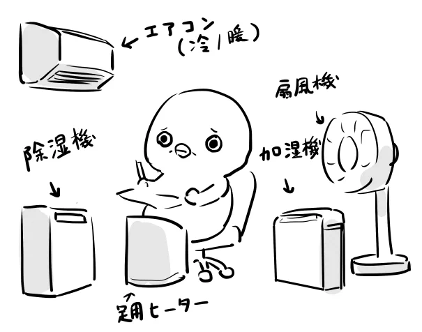 寒暖差激しすぎての部屋の中冷暖房家電で埋まってる 