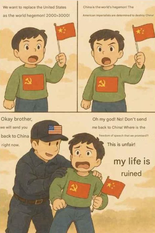 KojiKawagu18292's tweet photo. Chinese people who worship the CCP are the funniest hypocrites ever!  

They scream “Down with America!” while sipping Starbucks in New York. They praise China’s “great system” while standing in line for a U.S. visa. 1/4
@Jay83214566 https://t.co/f7nlyUEbm2