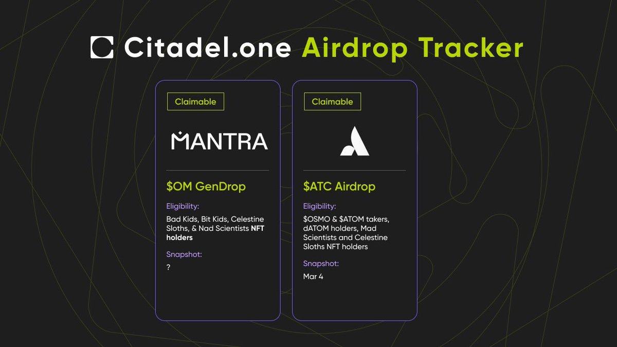 Vous êtes à la recherche de nouveaux airdrops ? Voici deux largages de Cosmos à ne pas manquer 👀

○ <a href="/Astonic_XYZ/">Astonic Protocol</a> | Airdrop de $ATC
Réclamation : astonic.io/claim-airdrop#

○ <a href="/MANTRA_Chain/">MANTRA | The EVM L1 for RWAs</a> | $OM GenDrop
Réclamation : mantra.zone/my-overview

Critères d'éligibilité ↴