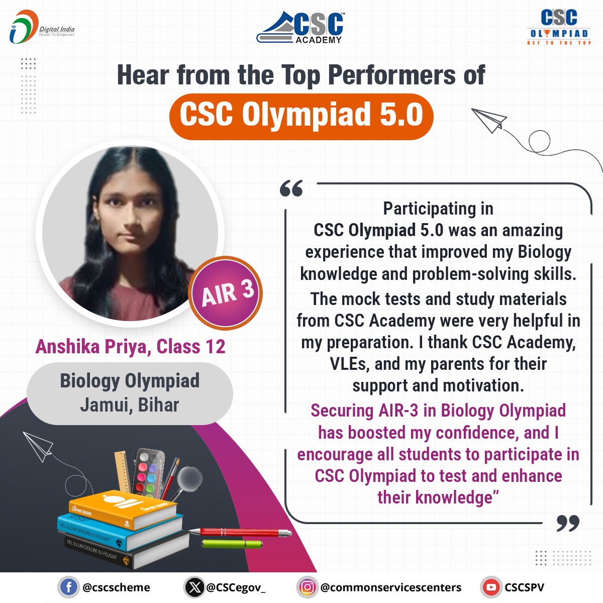 CSCeGov (@cscegov_) on Twitter photo CSC Olympiad 5.0 has concluded, and the results are here!
Check your scores now: cscolympiad.org
Hear from the Champions of CSC Olympiad 5.0...
For queries, email us at olympiad@cscacademy.org
#CSC #CSCOlympiad #DigitalIndia #Olympiad #CSCAcademy #DigitalInclusion CSC Olympiad 5.0 has concluded, and the results are here!
Check your scores now: cscolympiad.org
Hear from the Champions of CSC Olympiad 5.0...
For queries, email us at olympiad@cscacademy.org
#CSC #CSCOlympiad #DigitalIndia #Olympiad #CSCAcademy #DigitalInclusion