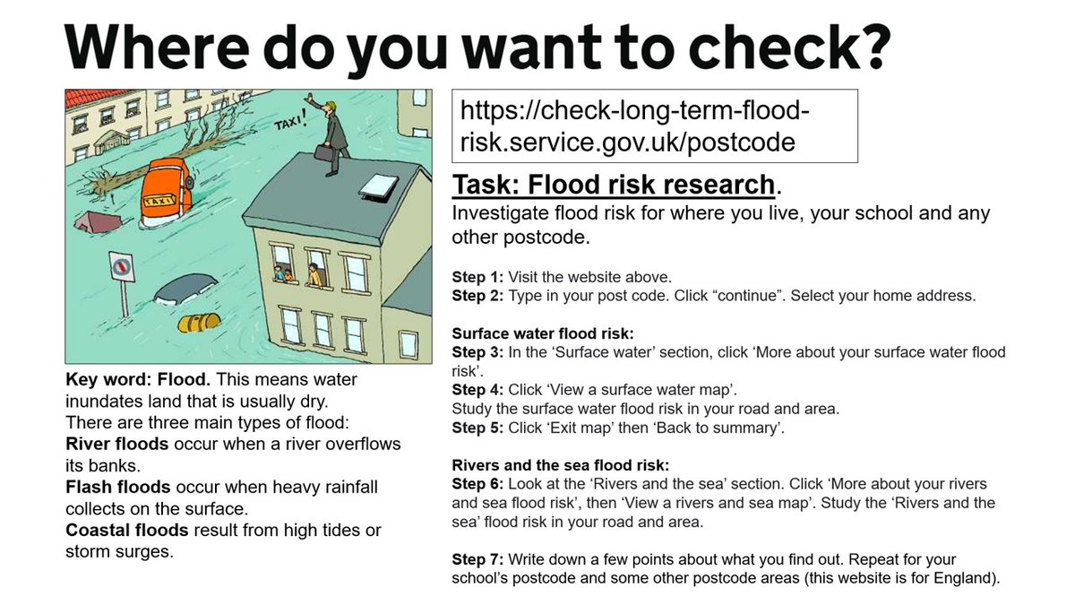 Flood risk checker: Here’s a step by step guide for students to research flood risk for where they live, their school and other postcode areas. Task sheet in shared folder – all resources linked in pinned post. #teachers #geography #geographyteacher