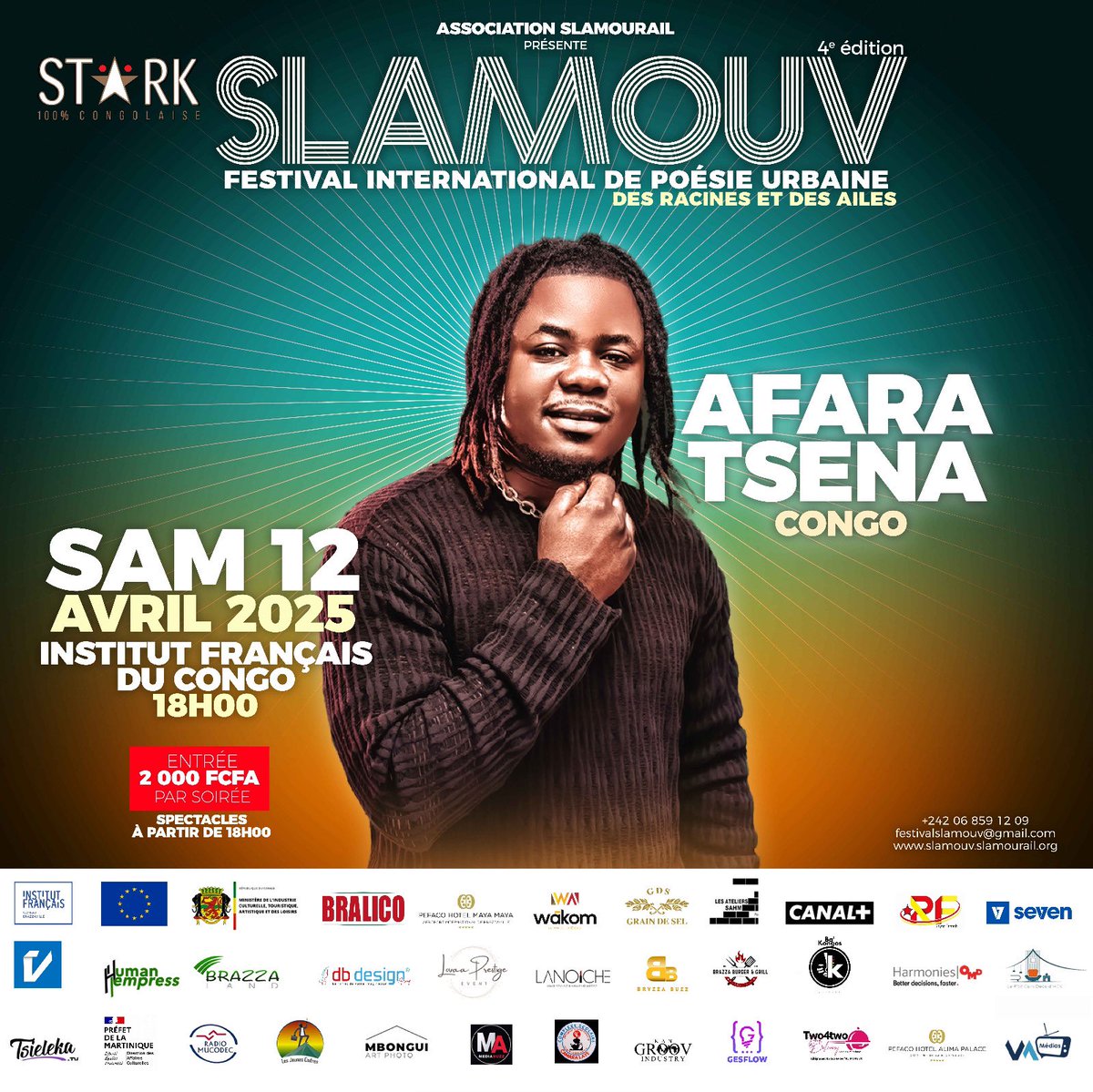 @AFARANTSENA donnera une performance à la soirée de clôture du Festival Slamouv ce 12 Avril 2025! 

Achète déjà ton ticket pour ne rien rater à l’ Institut Français du Congo

Prix : 2.000 Fr 

   #festivalslamouv #slam