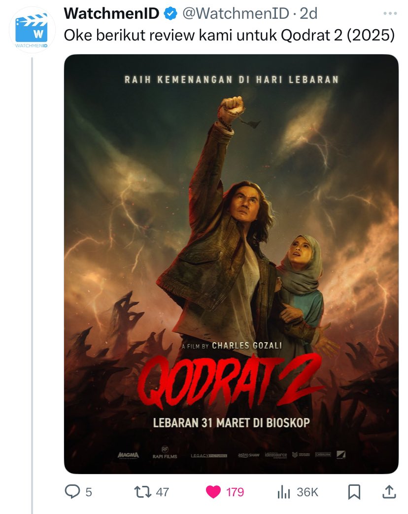 proquestfilm's tweet image. Review #FilmLebaran dari @WatchmenID emang selalu bisa diandalkan. Dari hype 30 Maret 2025 (positif/negatif), urutan view-likes-comment:

1.Pabrik Gula
2.Jumbo
3.Komang
4.Qodrat 2

Mirip prediksi @bicaraboxoffice. Apakah akan sebanding dgn jumlah penonton filmnya ? 🤔🎬