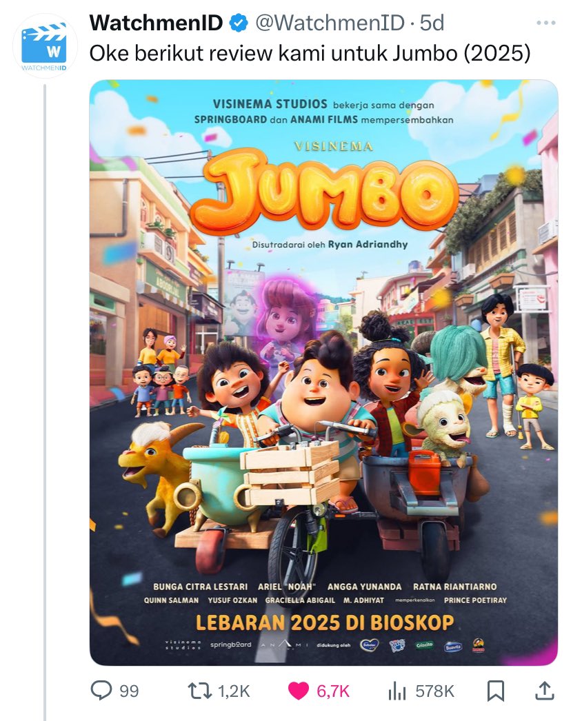 proquestfilm's tweet image. Review #FilmLebaran dari @WatchmenID emang selalu bisa diandalkan. Dari hype 30 Maret 2025 (positif/negatif), urutan view-likes-comment:

1.Pabrik Gula
2.Jumbo
3.Komang
4.Qodrat 2

Mirip prediksi @bicaraboxoffice. Apakah akan sebanding dgn jumlah penonton filmnya ? 🤔🎬