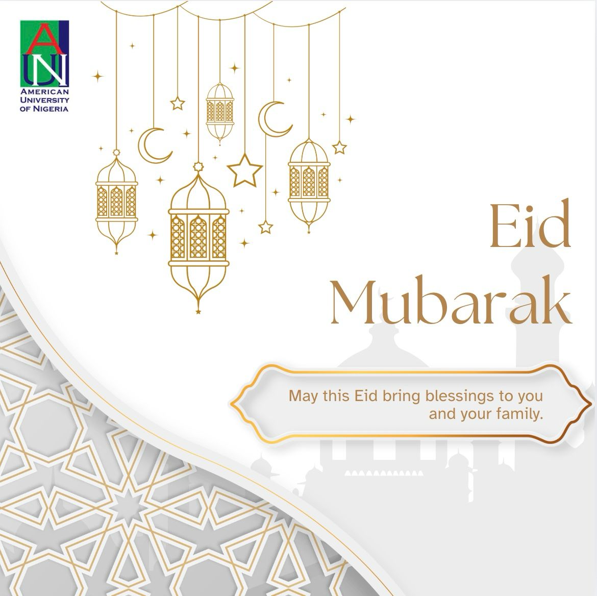 Eid Mubarak 

May this Eid bring blessings to you and your family. 

#AUN #EID #EIDMUBARAK #FASTING