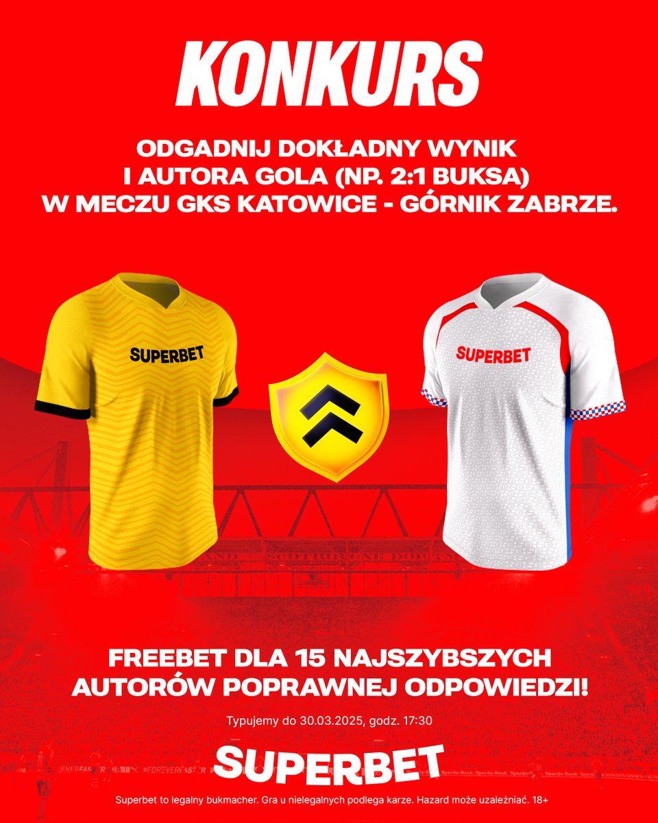 SuperbetPL's tweet photo. #KONKURS!  Wytypuj w odpowiedziach dokładny wynik oraz autora gola ⚽️ w meczu @ i zgarnij freebet! 
-- 
✅ Zaobserwuj @SuperbetPL

❤️ Polub wpis i 🔄 podaj go dalej 
👤 Dodaj nick z Superbet 
🎁 Nagroda = FREEBET 50 PLN

#ekstraklasa #GKSGÓR #ŚląskiKlasyk #bukmacherzy https://t.co/ApMDHaJXzy