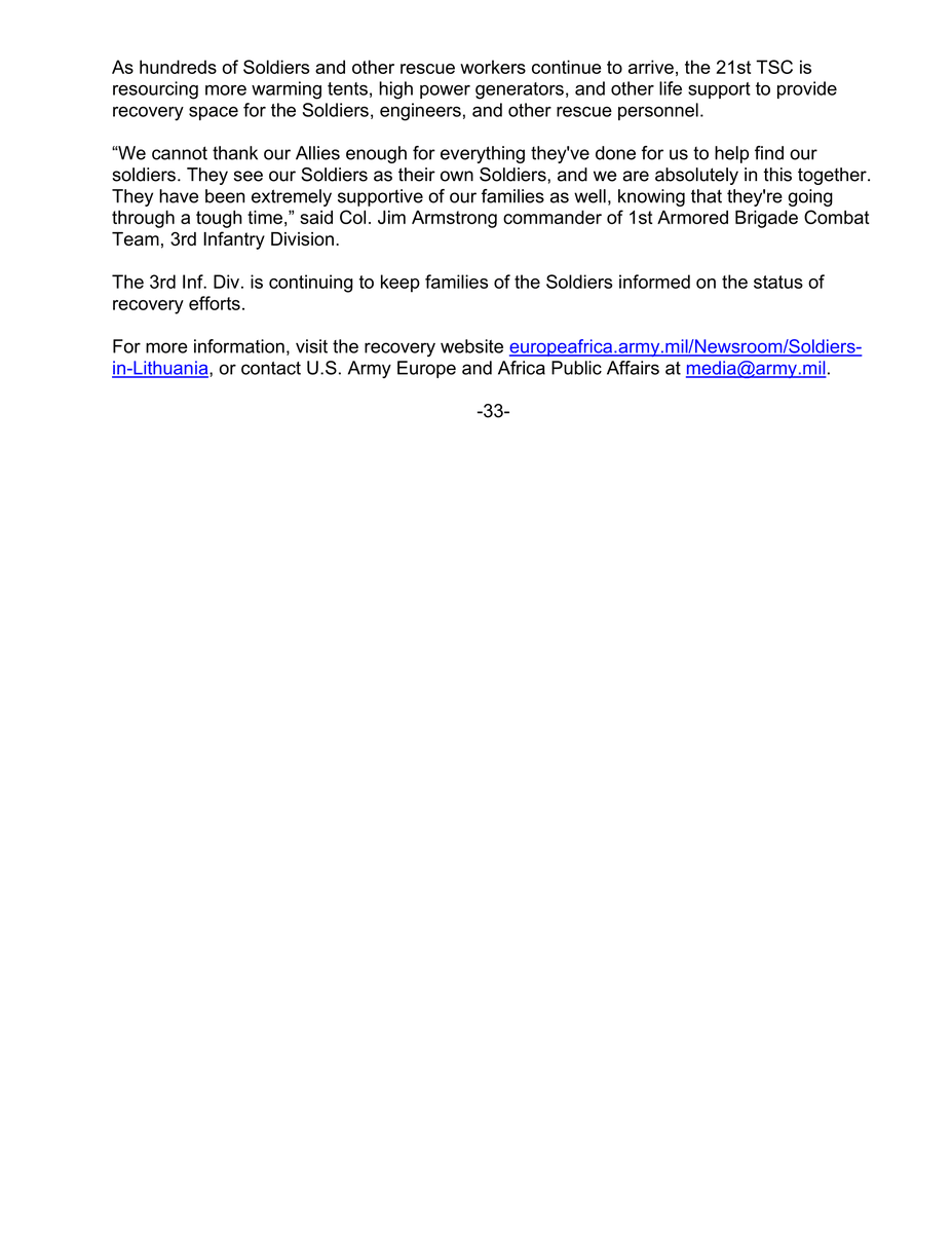 📷 Press release - Recovery Operations in Lithuania March 30 Update: Equipment, resources, and personnel continue to flow to the recovery site as operations are ongoing to find four U.S. Soldiers missing since the morning of March 25. europeafrica.army.mil/ArticleViewPre…