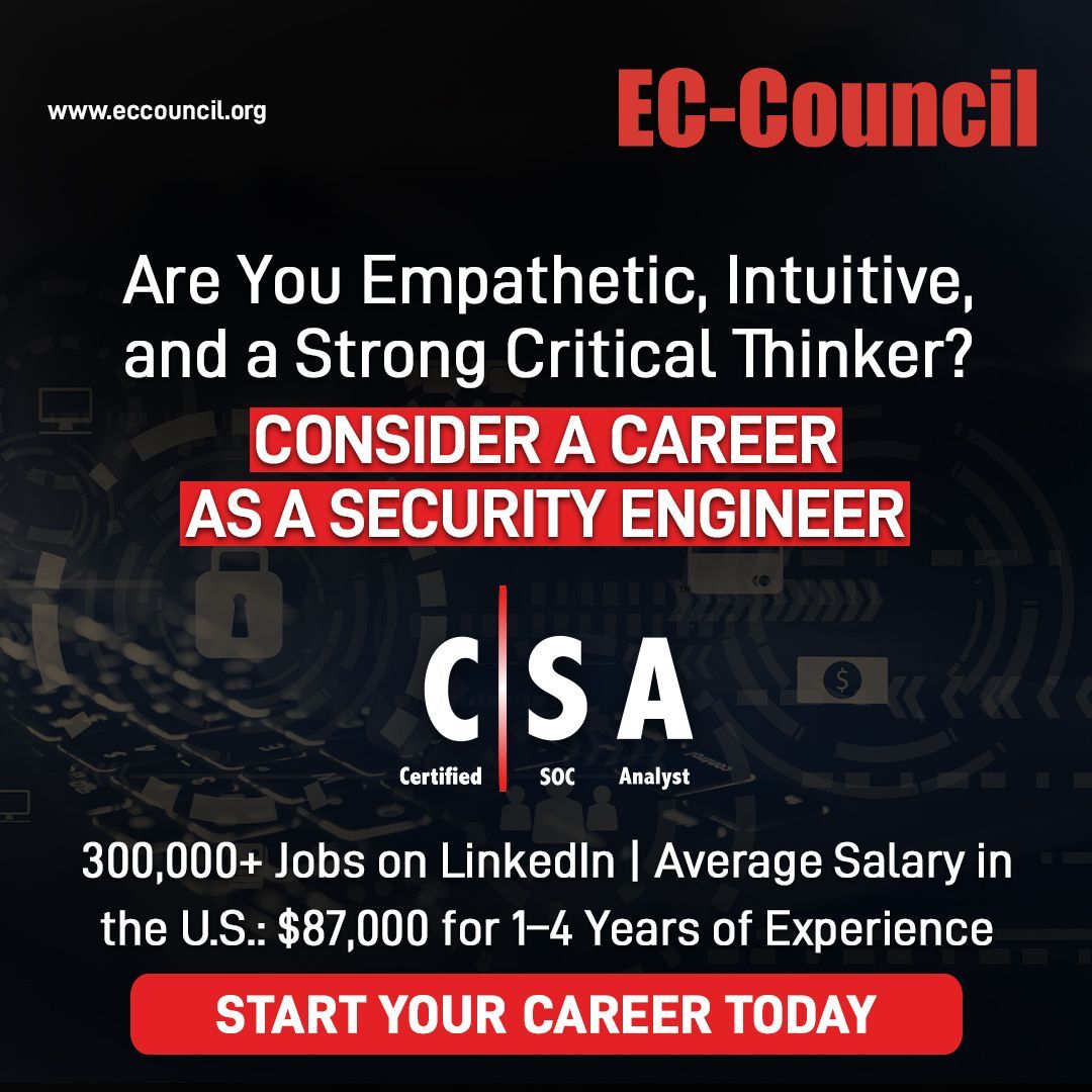 ECCOUNCIL's tweet image. The #ECCouncil #CSA certification program provides hands-on training in #SecurityOperationsCenter fundamentals, like log management and SIEM deployment. Get certified today! buff.ly/HCz7qZ0

#SOC #SOCAnalyst #SecurityEngineer
