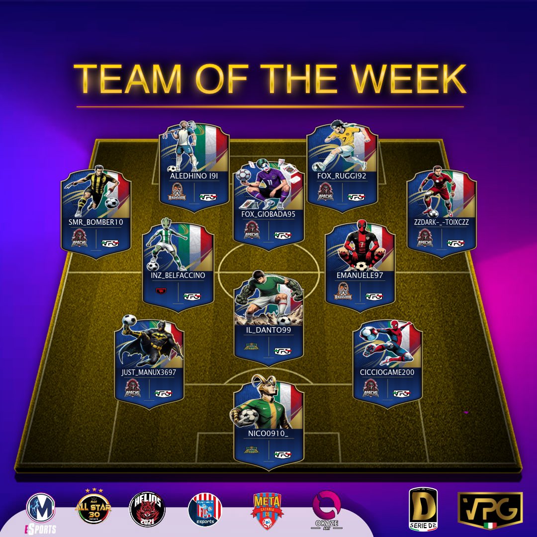 #VPGflash
🇮🇹 VPG Italia
⚽️ Serie D2
📊 Classifica
👥 TOTW

Main sponsor
<a href="/EsportsMartina/">Martina eSports</a>
Sponsor
<a href="/OkazeArt/">Okaze.Art</a> 
<a href="/eMetaCatania/">eMeta Catania</a>
@Helios_ps5
<a href="/OlympicSaEsp/">Olympic Salerno eSports</a>
@MGV_ALL_STAR_30
Grafic by
<a href="/ErQuinto5/">ErQUINTO🔥 QUINTOKAZEKAGE</a>