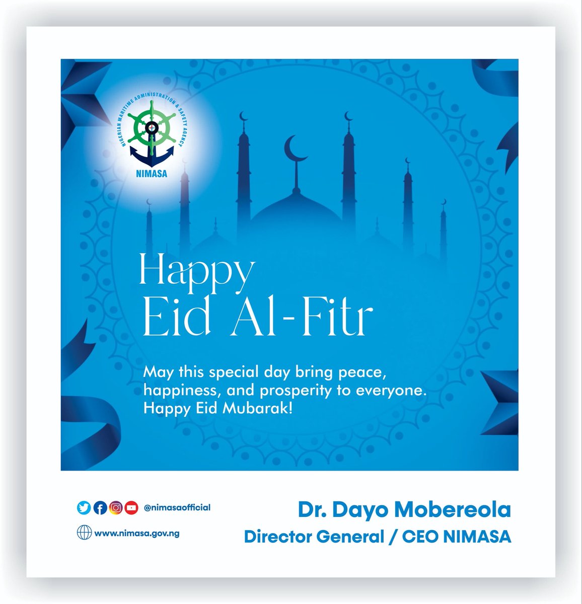 On behalf of the Nigerian Maritime Administration and Safety Agency (NIMASA), I extend my warmest greetings to the Muslim community in Nigeria and across the maritime sector as we celebrate Eid-Al-Fitr.

This joyous occasion marks the end of Ramadan, a period of reflection,