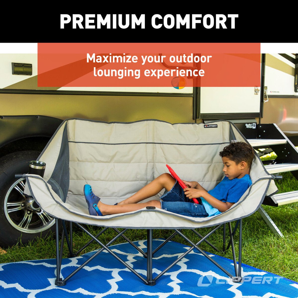 towuniverse's tweet photo. Experience ultimate comfort outdoors with Lippert's extra-large folding loveseat, designed to elevate your camping experience. This spacious and durable chair features high-loft cushioning and a resilient mesh fabric that provides both support and breathability. https://t.co/EtdQxThqn6