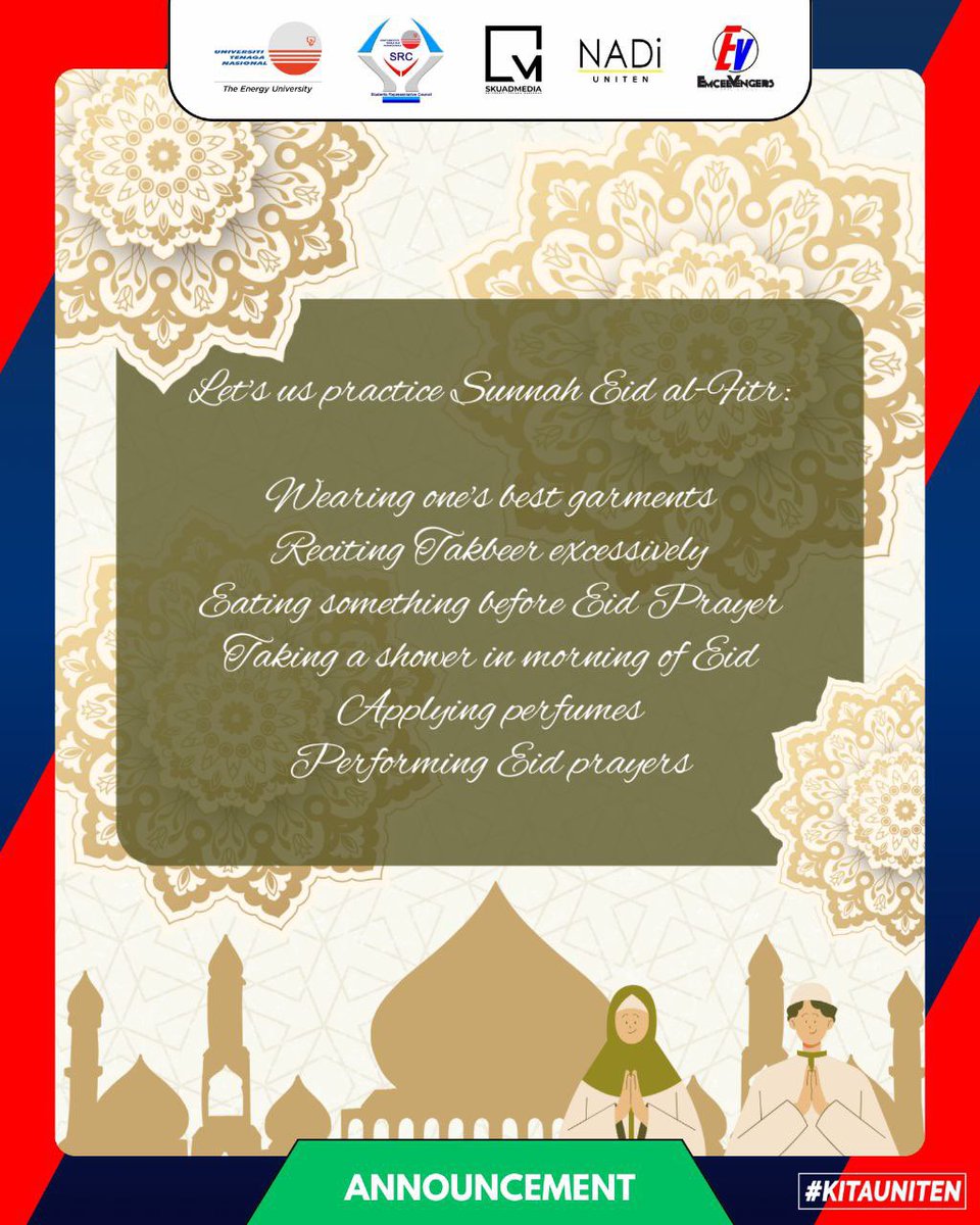 src_uniten's tweet image. HAPPY EID AL-FITR TO ALL MUSLIMS! 🌙

Wishing joy, gratitude, and unity to all as we celebrate the end of Ramadan. May this day bring peace and kindness into our lives.

“Through Act, We Prove”
Students’ Representative Council 2024/2025
Universiti Tenaga Nasional