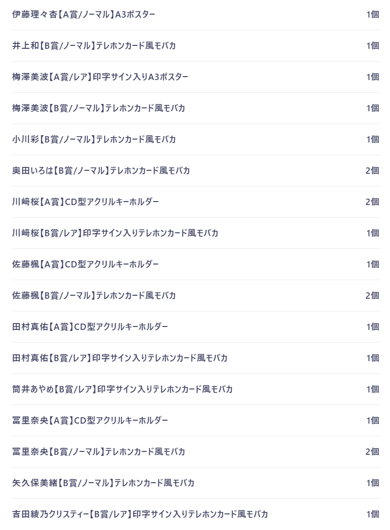 乃木坂46 MOBILE のぎBOX Romantic Retro iDOL トレ

希望）上から優先
  　　　池田　　A賞アクキー　A賞R
  　　　五百城　A賞全種
 　　　 賀喜　未所持

提供）画像＋五百城B賞N　池田B賞N,A賞N

　異種や1:Xでもレート合えば可
　郵送orバスラ両日

クリスマスのほうもツイ上げます