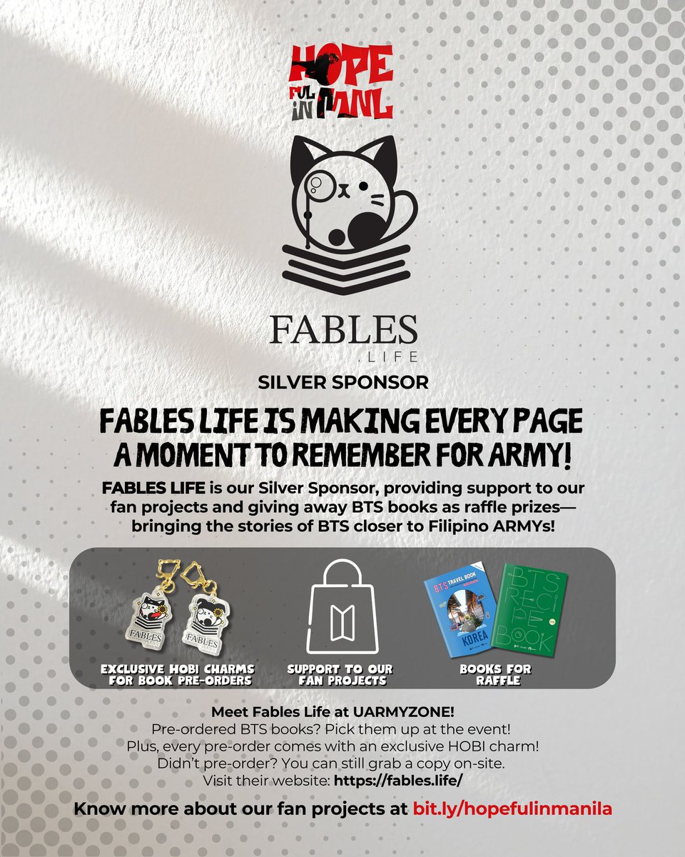 The excitement is real! 🎉
Thanks to our incredible Silver Sponsor, <a href="/fableslife/">Fables.Life</a>

Don’t miss out—pre-order now to get a FREE Hobi charm, available for pickup at UARMYZONE.

#HOPE_ON_THE_STAGE_TOUR_Manila
#HOS_TOUR_Manila
#HOPEfulinManila