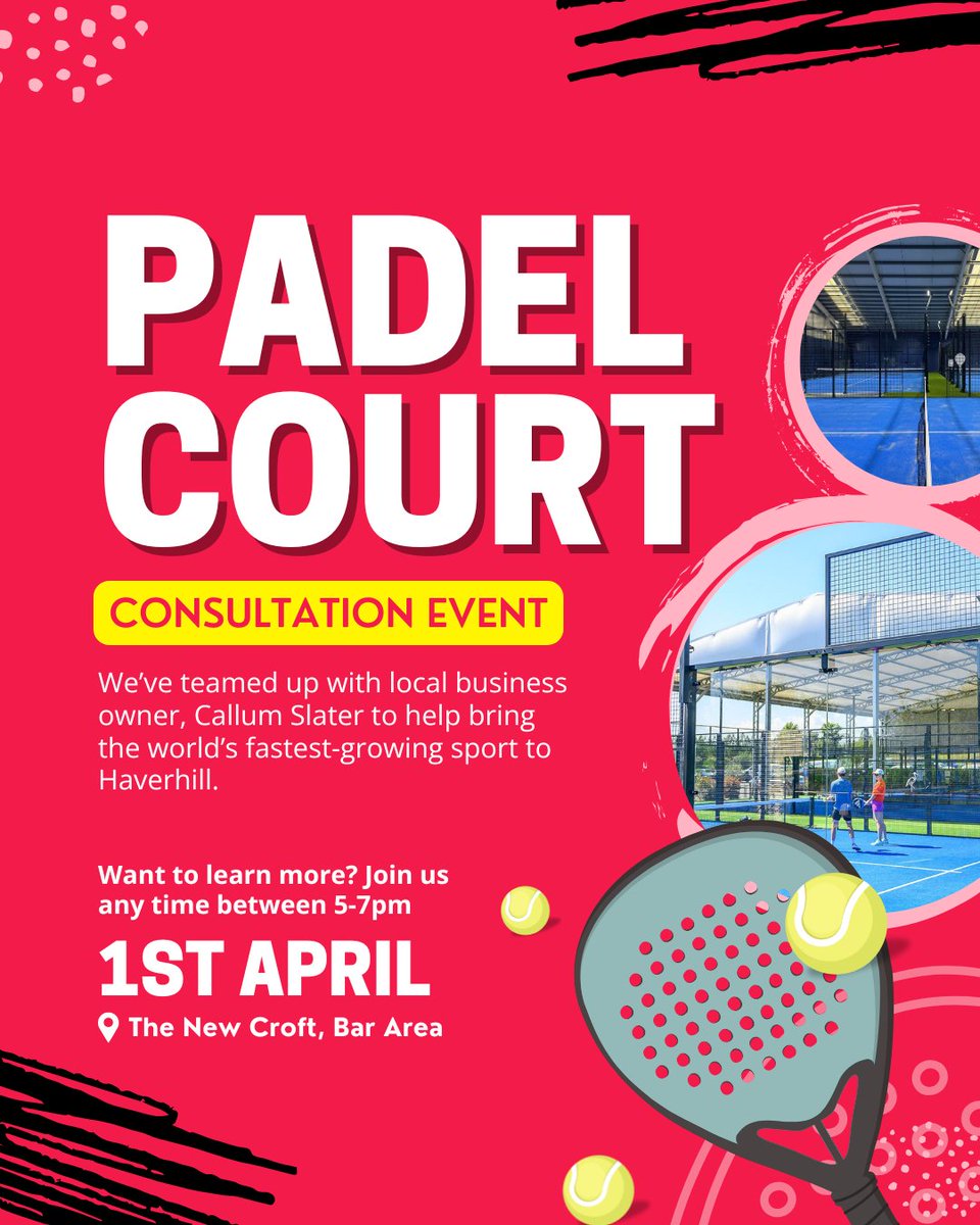 🚨 PADEL IS COMING TO HAVERHILL | The New Croft is partnering with local businessman Callum Slater to bring two brand-new Padel courts to our community!

📅 Have your say! Join us at our Padel Court Consultation Event:
📍 The New Croft
🗓 Tuesday, 1st April | ⏰ 5:00–7:00pm