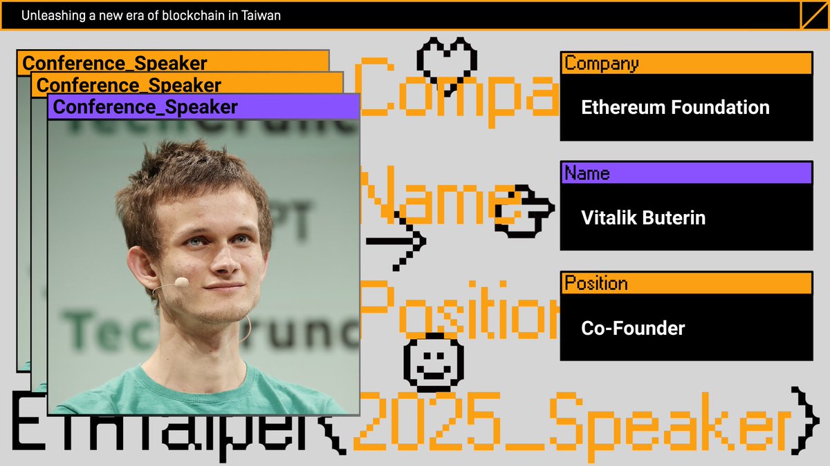 EthTaipei's tweet image. Vitalik Buterin ( @VitalikButerin) – Ethereum Foundation
We're honored to welcome Vitalik Buterin, co-founder of Ethereum @ethereumfndn to ETH Taipei 2025.
Vitalik will join us for two special appearances. On Day 1, he will deliver a Keynote after Opening—a 30-minute session…