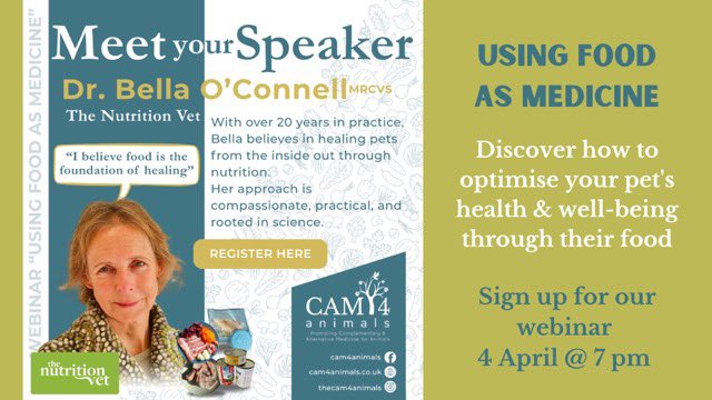 Join our webinar USING FOOD AS MEDICINE with Dr Bella O'Connell The Nutrition Vet
Discover how to optimise your pet's health &amp; well-being through their food
eventbrite.co.uk/e/using-food-a…
 
⭐️Science-based approach
🥣We are ALL what we eat
#animalwellness #holistichealth #foodasmedicine