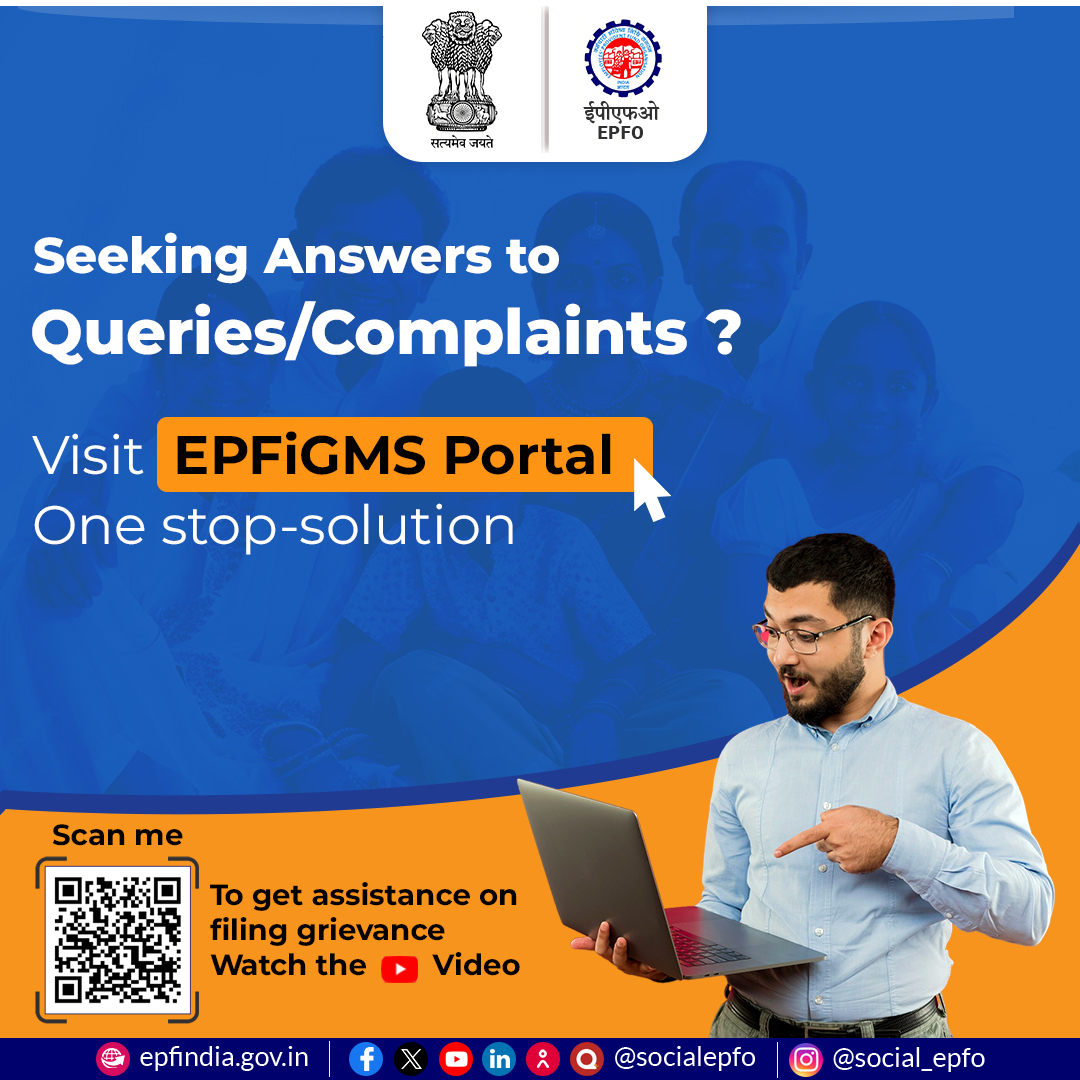 officialepfo's tweet photo. If you have any Query or Complaint related to EPFO services, lodge your grievances through EPFiGMS Portal. It's a one-stop-solution for multiple problems. Scan QR to know more.
#EPFOwithyou #EPFOmembers #Employers #Employees #EPFO #EPF #HumHainNaa #ईपीएफ #पीएफ #EPFiGMS #Grievance https://t.co/XN9JvnA9vP