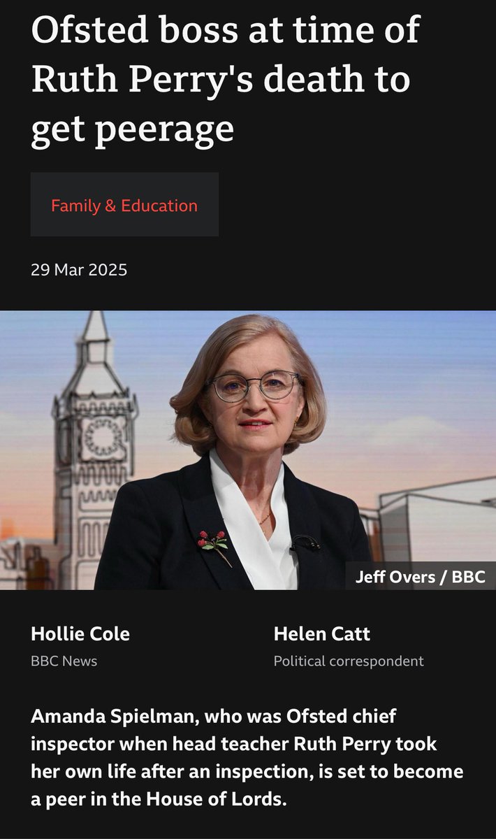 Absolutely disgraceful that ex Ofsted chief, Amanda Speilman whose response to the enquiry of Ruth Perry’s  Perry's death was described as "defensive and complacent" is being offered a place in the House of Lords.

Nomination by Kemi Badenoch shows her true colours.