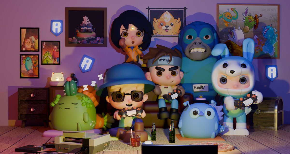"A Night of Gaming and Adventure!" 

A cozy yet action-packed scene featuring beloved characters from the Ronin ecosystem, all gathered for an epic gaming session! 

#RoninArt #RoninMashupArt

<a href="/AxieArtGallery/">axieartgallery.ron</a> <a href="/Ronin_Network/">Ronin</a>