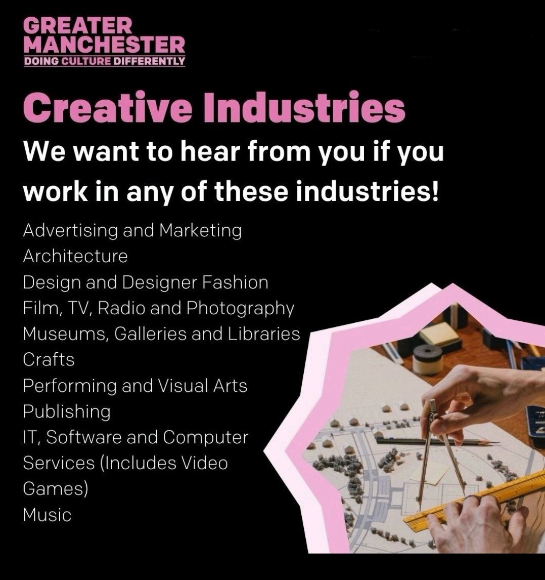 GMCA is preparing a Creative Industries Strategy for Greater Manchester. The consultation phase is open until 17 April. 
Find out more here and book onto a consultation session for your part of the creative and cultural economy. 
greatermanchester-ca.gov.uk/what-we-do/cul…