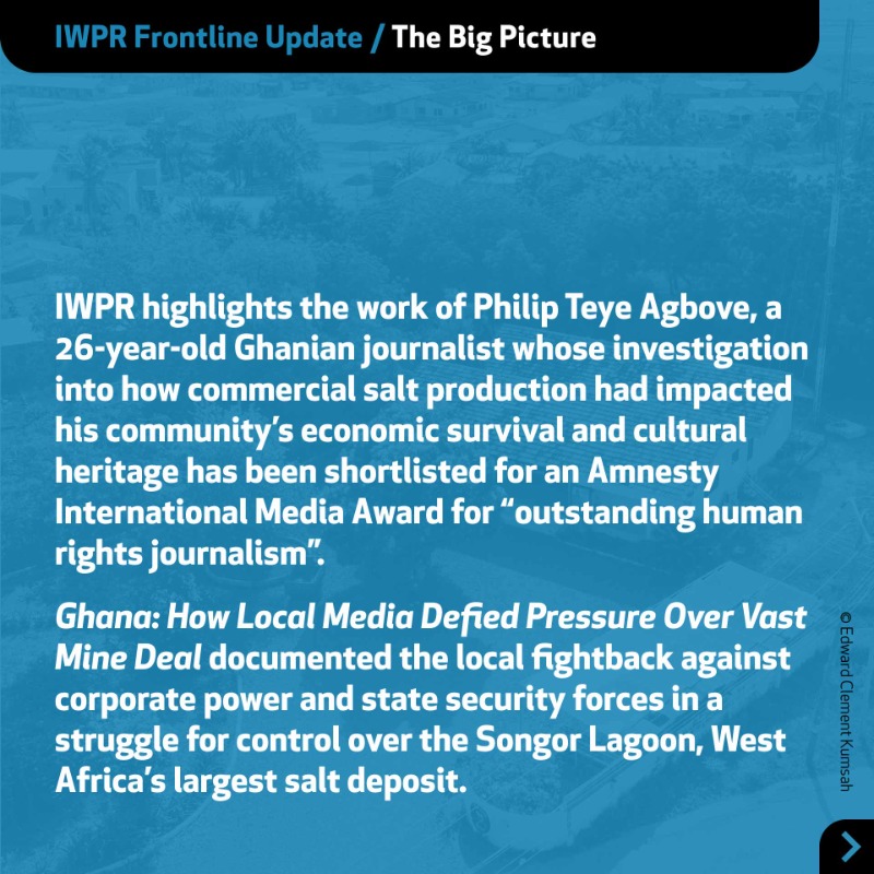 IWPR's tweet photo. 🇬🇭 In the latest Frontline Update, read about an #IWPR journalist @iamphilipteye who has been shortlisted for a prestigious journalism award for his story on a controversial mining deal in his Ghanian hometown.
#Ghana #AdaFoah #journalism #media #AmnestyMediaAwards #CivilSociety