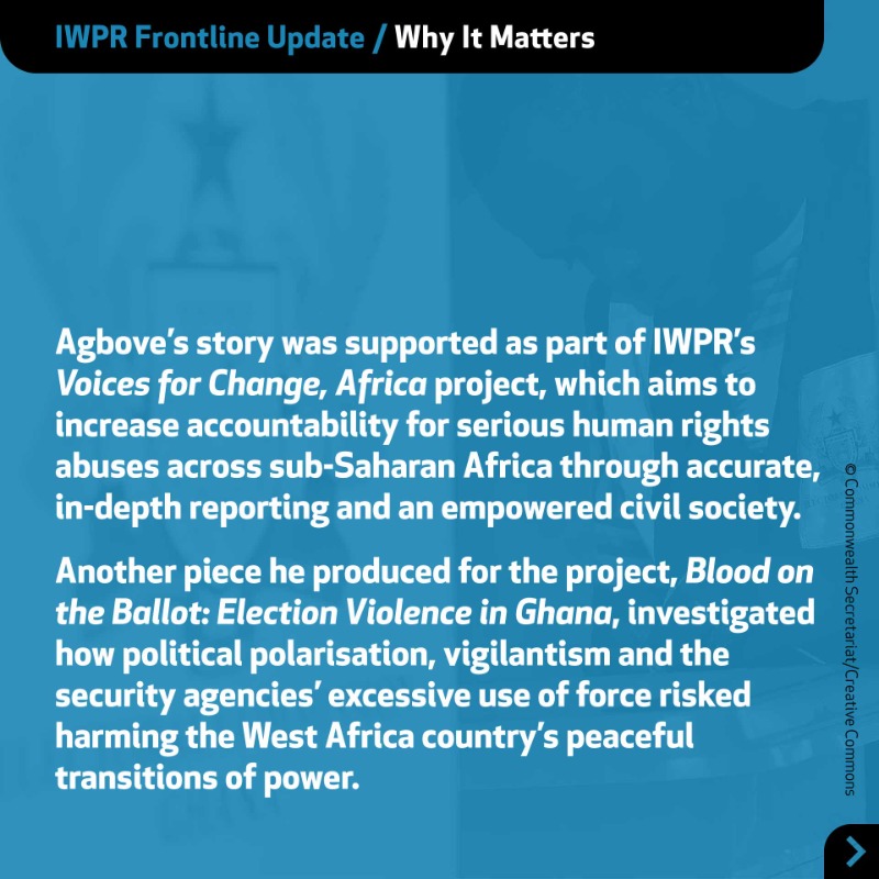 IWPR's tweet photo. 🇬🇭 In the latest Frontline Update, read about an #IWPR journalist @iamphilipteye who has been shortlisted for a prestigious journalism award for his story on a controversial mining deal in his Ghanian hometown.
#Ghana #AdaFoah #journalism #media #AmnestyMediaAwards #CivilSociety