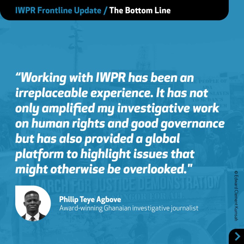 IWPR's tweet photo. 🇬🇭 In the latest Frontline Update, read about an #IWPR journalist @iamphilipteye who has been shortlisted for a prestigious journalism award for his story on a controversial mining deal in his Ghanian hometown.
#Ghana #AdaFoah #journalism #media #AmnestyMediaAwards #CivilSociety
