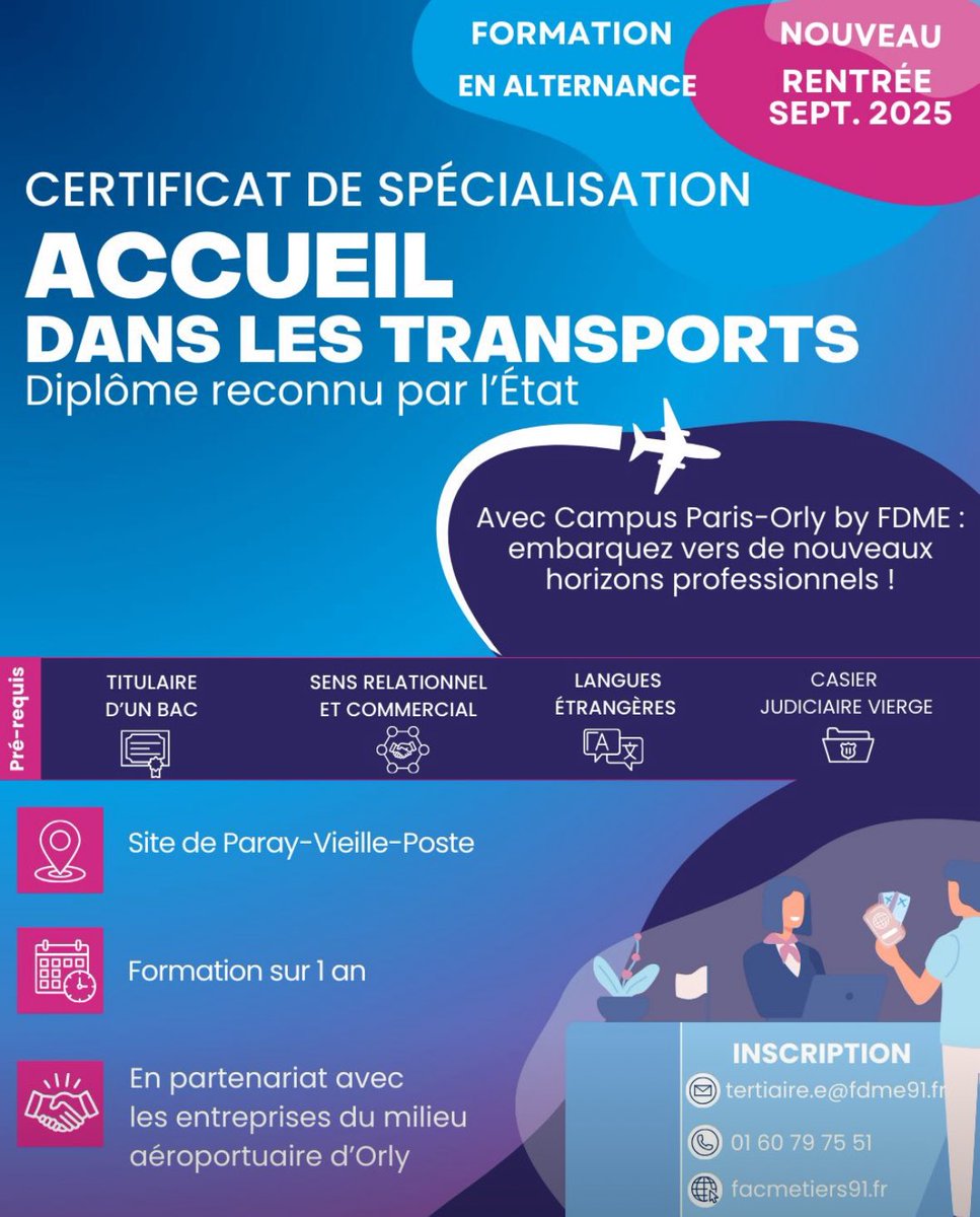lauracrump_Orly's tweet photo. ✈️ Et si votre avenir commençait à l’aéroport ?

Dès sept. 2025, une nouvelle formation en alternance à #ParisOrly avec le @GroupeADP & @FacDesMetiers91 

🎓 Certificat “Accueil dans les Transports”
Infos : tertiaire.e@fdme91.fr

#Emploi #Alternance #ParisOrly #Formation
#GroupeADP #ParisAéroport #Hospitalité
