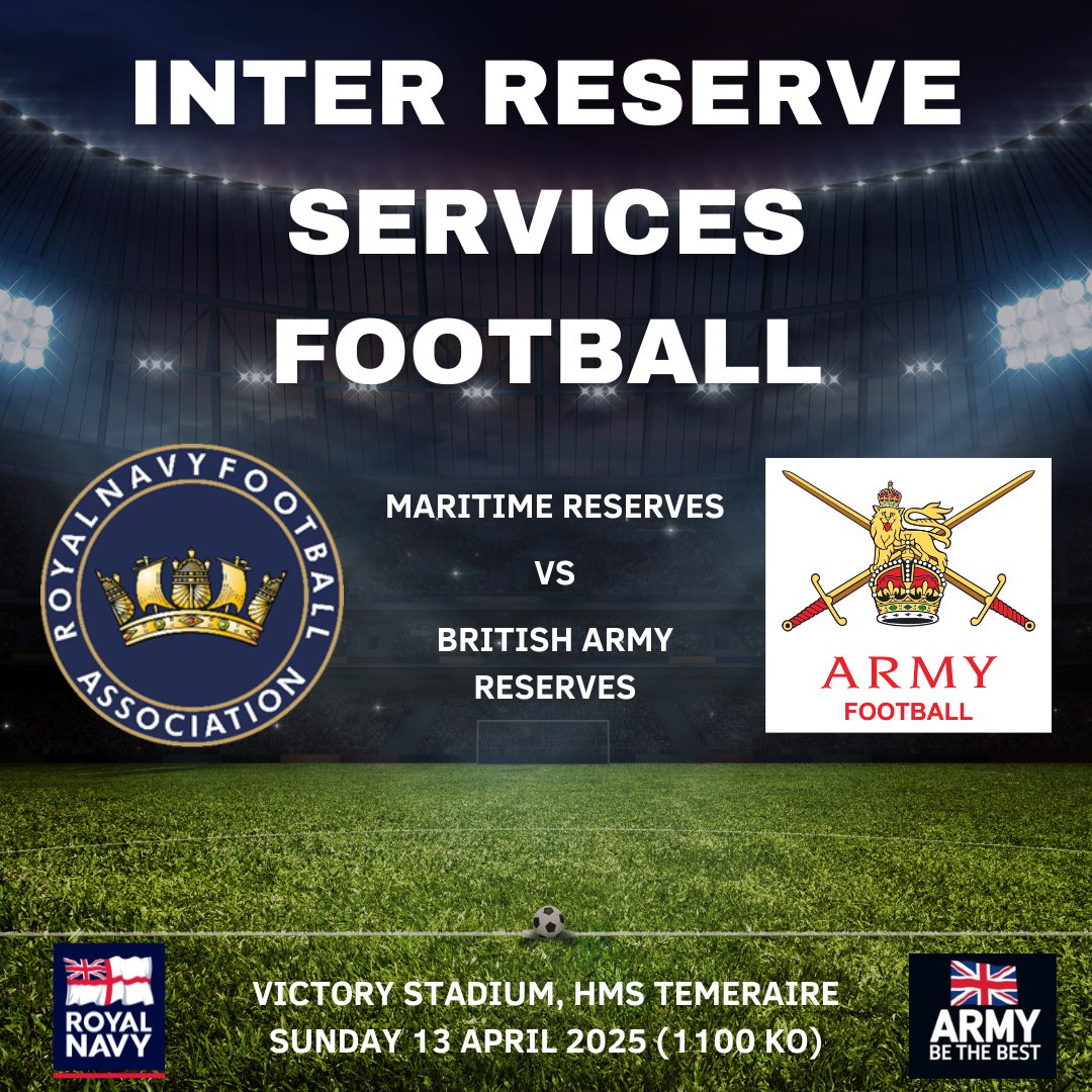 Maritime Reserves Football (@rnrrmrfootball) on Twitter photo Two Weeks today we follow our regular counterparts to take on the <a href="/BritishArmy/">British Army 🇬🇧</a> Reserves in Portsmouth ⬇️⚽️⚓️
<a href="/BFBSSport/">BFBS Sport</a> <a href="/ColDavyJones1/">Col David Jones</a> <a href="/ArmySteCampbell/">Steve Campbell</a> <a href="/tonyfrank1978/">Director of Army Men’s Football</a> <a href="/RNReserve/">Royal Naval Reserve</a> <a href="/RM_Reserves/">Royal Marines Reserve</a> <a href="/Pompey_Football/">Portsmouth Football</a> <a href="/AFCTotton/">AFC Totton ⚽️🦌</a> <a href="/NavyFootball1/">Royal Navy FA 🇬🇧</a> <a href="/NAVYfit/">NAVYfit</a> Two Weeks today we follow our regular counterparts to take on the <a href="/BritishArmy/">British Army 🇬🇧</a> Reserves in Portsmouth ⬇️⚽️⚓️
<a href="/BFBSSport/">BFBS Sport</a> <a href="/ColDavyJones1/">Col David Jones</a> <a href="/ArmySteCampbell/">Steve Campbell</a> <a href="/tonyfrank1978/">Director of Army Men’s Football</a> <a href="/RNReserve/">Royal Naval Reserve</a> <a href="/RM_Reserves/">Royal Marines Reserve</a> <a href="/Pompey_Football/">Portsmouth Football</a> <a href="/AFCTotton/">AFC Totton ⚽️🦌</a> <a href="/NavyFootball1/">Royal Navy FA 🇬🇧</a> <a href="/NAVYfit/">NAVYfit</a>