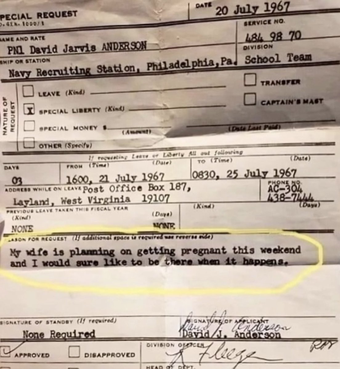 DudespostingWs's tweet photo. In 1967, a sailor put in his request for a leave of absence and it got approved https://t.co/K3B43QJs09
