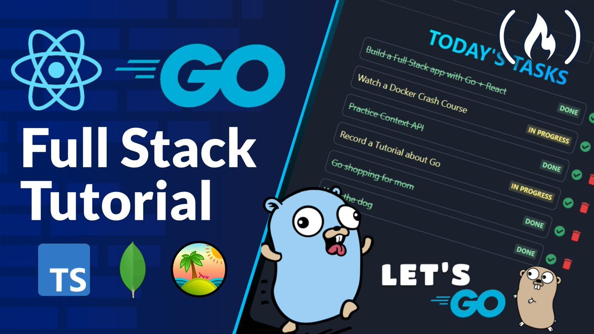 freeCodeCamp's tweet photo. The Go programming language is a great choice for coding the back end of your apps. 

And in this course, you'll build a React front end powered by a Go backend. 

You'll learn how to set up the project, build APIs, handle server-side logic, and lots more.

https://t.co/s43DNk9Zfr