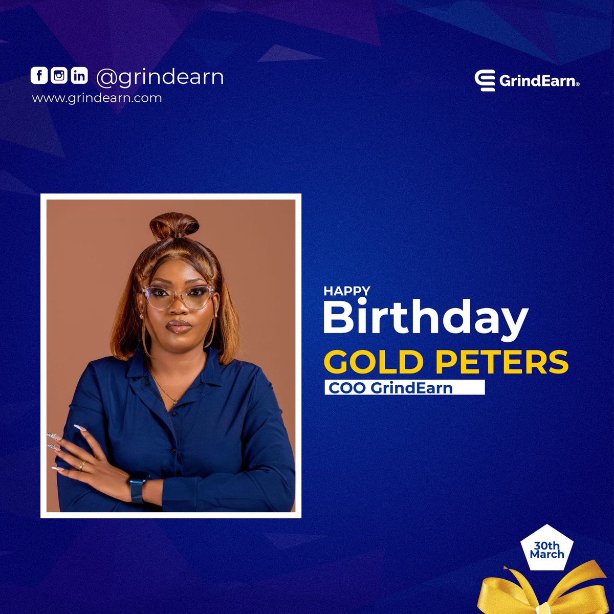 Happy Birthday to our amazing COO, Gold Peters!🤩🎉  

Wishing you a day filled with joy, success, and all the happiness you deserve! 🎂✨  

Your leadership &amp; vision inspire us every day at <a href="/GrindEarn/">grind_earn</a>. Here's to another year of greatness! 🥂💛  

#HappyBirthday #GrindEarn