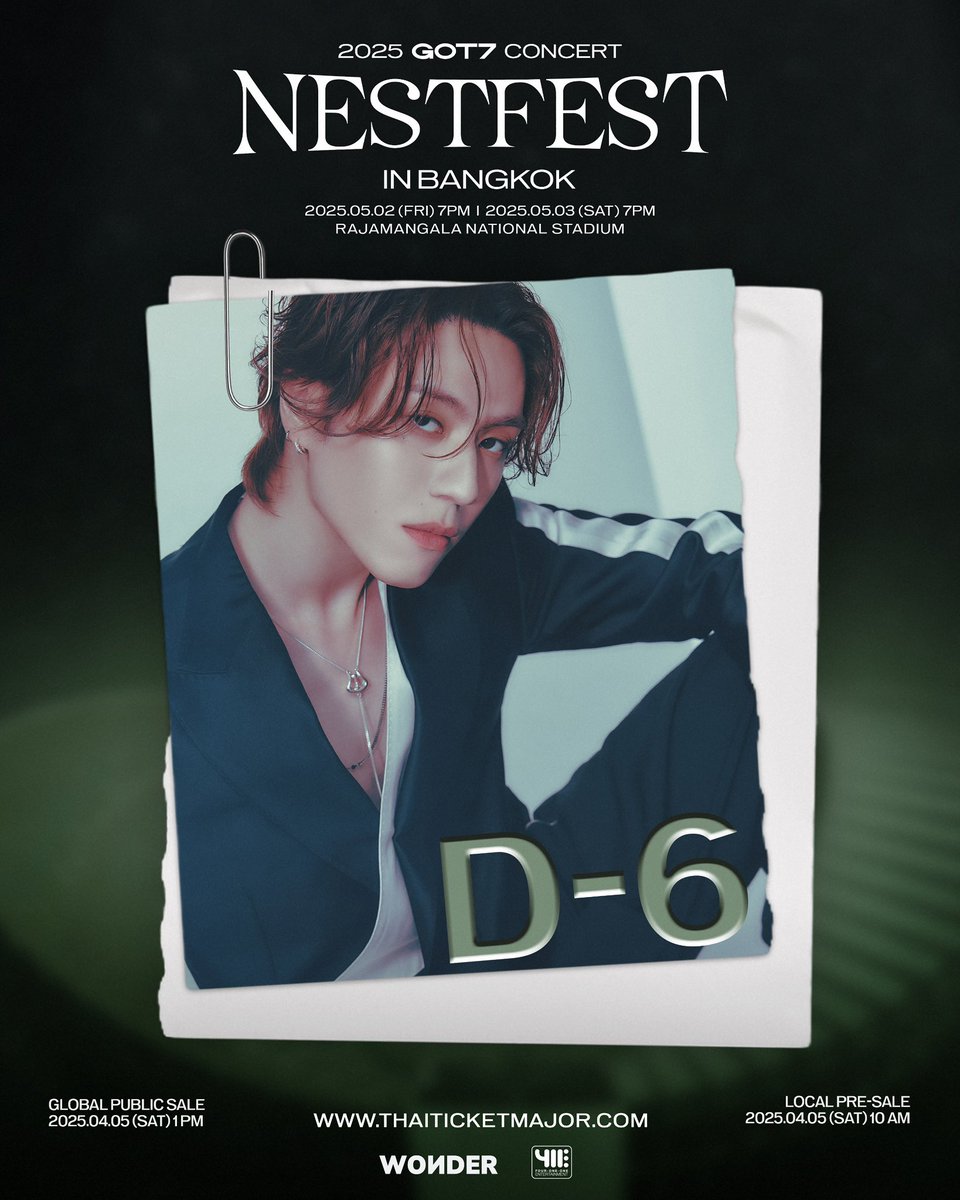 411ent's tweet photo. [D-6] 𝟐𝟎𝟐𝟓 𝐆𝐎𝐓𝟕 𝐂𝐎𝐍𝐂𝐄𝐑𝐓 <𝐍𝐄𝐒𝐓𝐅𝐄𝐒𝐓> 𝐢𝐧 𝐁𝐀𝐍𝐆𝐊𝐎𝐊 🐣💚 พวกเรานับวันรอที่จะได้พบกับทุกคนแล้วนะครับ!
 
#GOT7_NESTFESTinBKK
🗓️ DAY1: วันศุกร์ที่ 2 พฤษภาคม 2568
🗓️ DAY2: วันเสาร์ที่ 3 ���ฤษภาคม 2568
🕖 เวลาแสดง: 19:00 น.
🏟️ สนามราชมังคลากีฬาสถาน

🎟️ จำหน่ายบัตร: วันเสาร์ที่ 5 เมษายน 2568
 📌 สำหรับรายละเอียดการจำหน่ายบัตรเข้าชมงาน สามารถตรวจสอบเพิ่มเติมได้ทาง: https://t.co/2KJzTSEsJQ

————

[D-6] 𝟐𝟎𝟐𝟓 𝐆𝐎𝐓𝟕 𝐂𝐎𝐍𝐂𝐄𝐑𝐓 <𝐍𝐄𝐒𝐓𝐅𝐄𝐒𝐓> 𝐢𝐧 𝐁𝐀𝐍𝐆𝐊𝐎𝐊 💚🐜 We are counting down the days to see you all!

🗓️ DAY 1: 2025.05.02 (FRI)
🗓️ DAY 2: 2025.05.03 (SAT)
🕖 Show time: 7 PM 
🏟️ RAJAMANGALA NATIONAL STADIUM

🎟️ Tickets sale: 2025.04.05 (SAT)
📌 For additional details on ticket sales, please check: https://t.co/2KJzTSEsJQ

#GOT7_NESTFESTinBKK
#GOT7_NESTFEST
#GOT7 #갓세븐
#NESTFEST 
#411ent