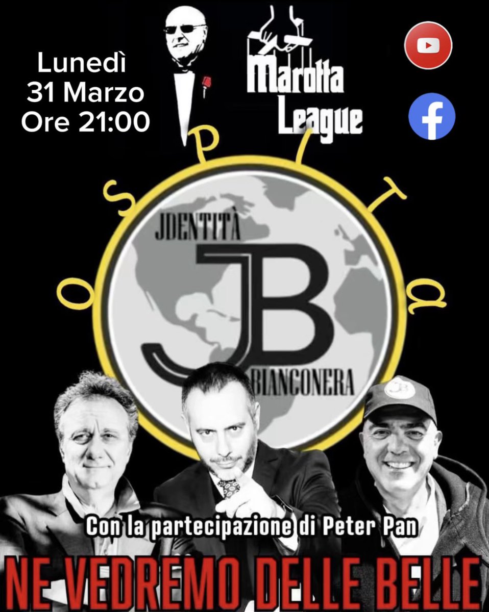 ‼️SPECIALE MAROTTA LEAGUE‼️

Lunedì 31 Marzo ore 21 <a href="/fondazionejb/">Jdentità Bianconera</a> ospite della <a href="/MarottaLeague24/">Marotta League</a> con <a href="/michelepat58325/">Michele Patrisso</a> il pres. Durante e Peter Pan.
Non mancate ,NE VEDREMO DELLE BELLE💣💣💣

YouTube - youtube.com/@marottaleague…

Facebook- facebook.com/share/1Bk7acWs…