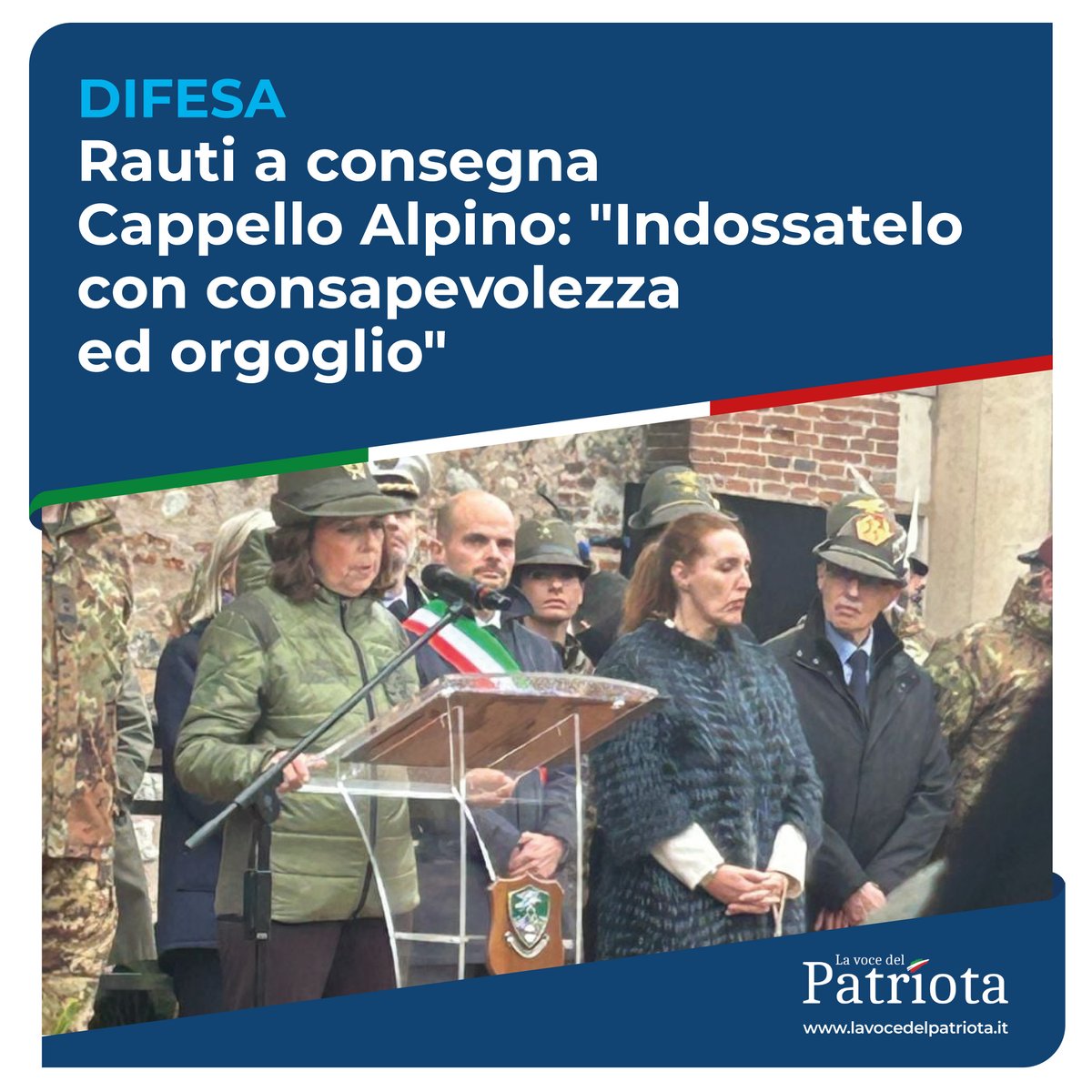 isabellarauti's tweet image. Difesa: Rauti a consegna Cappello Alpino: “Indossatelo con consapevolezza ed orgoglio” - @vocedelpatriota 
⬇️
lavocedelpatriota.it/difesa-rauti-a…

#CappelloAlpino #VFI #settimanaalpina #alpinità #valori #montagna #UnaForzaperilPaese #forzearmate #Esercitodegliitaliani #Alserviziodelpaese