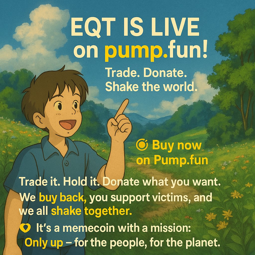 EQTCoin's tweet photo. 🚨 EQT IS LIVE on https://t.co/PwDBuBPKkw!
Trade. Donate. Shake the world. 🌍💥

🎯 Buy now on https://t.co/hxGf7ehU21

Trade it. Hold it. Donate what you want
We buy back, you support victims, and we all shake together
🫶 It’s a memecoin with a mission:
 Only up — for the people https://t.co/824QtqzuV8