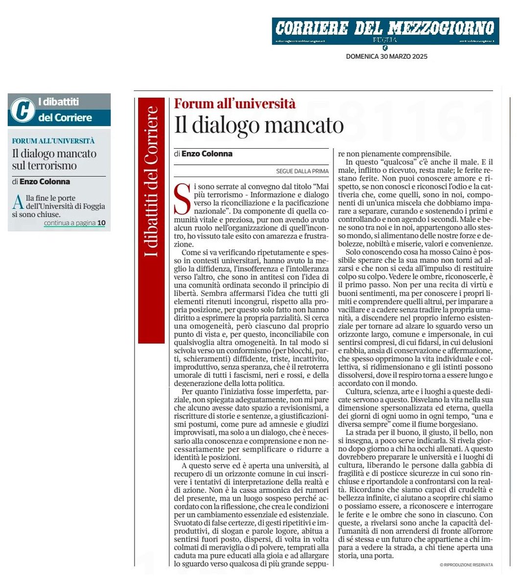 Nel <a href="/corrmezzogiorno/">CorriereMezzogiorno</a> Puglia questo mio intervento. Prende spunto dall'annullamento di un convegno, con diversi relatori (tra cui <a href="/sdelia3/">Sergio D'Elia</a> <a href="/HandsOffCain_It/">Nessuno Tocchi Caino- Spes contra spem</a>), dedicato al terrorismo. Riporto il testo e un paio di link con le cronache nella mia bacheca Fb 👇
facebook.com/share/p/163YAb…