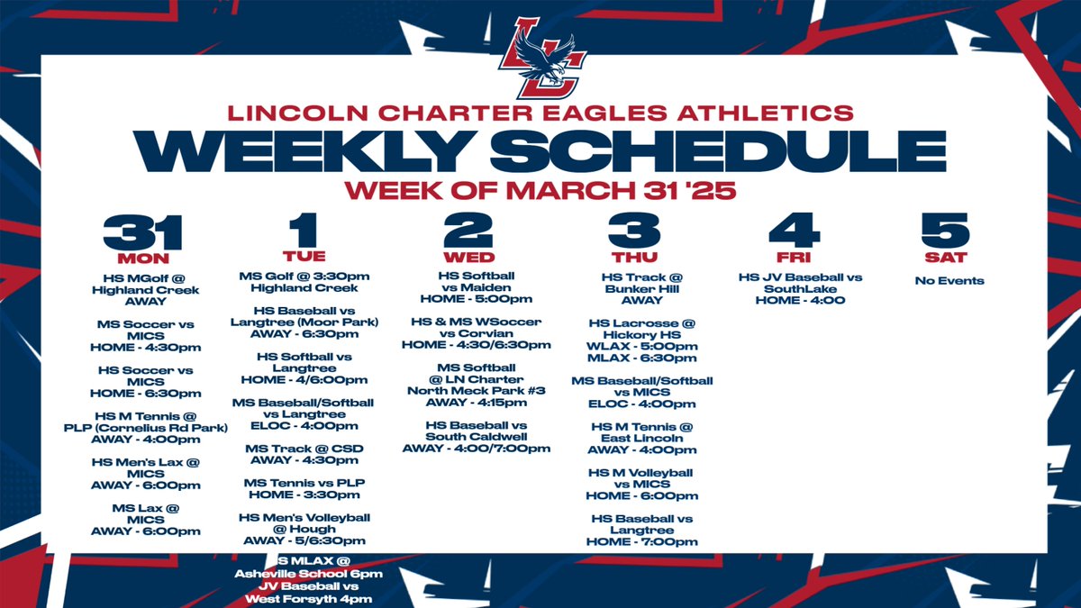Athletics this week at Lincoln Charter!🦅 Go Eagles!
⚾🥎🏐🎾⛳👟⚽🥍
Rain is possible this week! Schedules are subject to change; please verify with your coach, games, and locations! 
Prom is Friday!💃