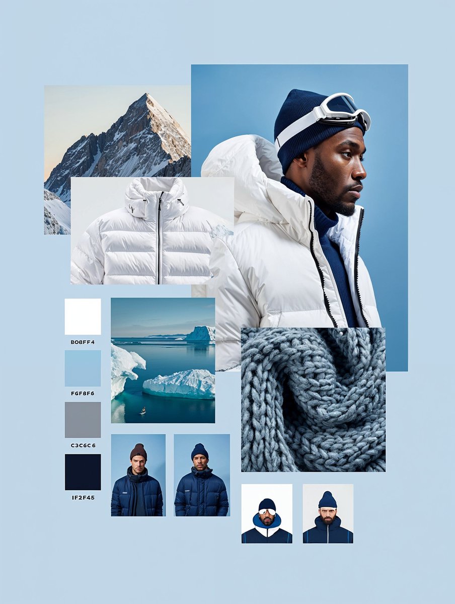 Reve → Moodboards.

Using prompt structure from GPT-4o.

PROMPT:
Create a vertical mood board collage in 3:4 ratio with a clean, minimalist layout on a soft ice-blue (E6EFF4) background. The central image is a stylish Black man in a white technical puffer jacket (F6F8F9), navy