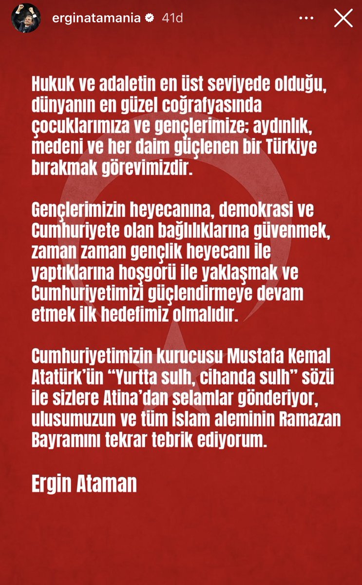 🇹🇷 Ergin Ataman'dan bayram mesajı:

"Hukuk ve adaletin en üst seviyede olduğu, dünyanın en güzel coğrafyasında çocuklarımıza ve gençlerimize; aydınlık, medeni ve her daim güçlenen bir Türkiye bırakmak görevimizdir."

Ergin Ataman, bayram mesajında Ekrem İmamoğlu'na da yer verdi.