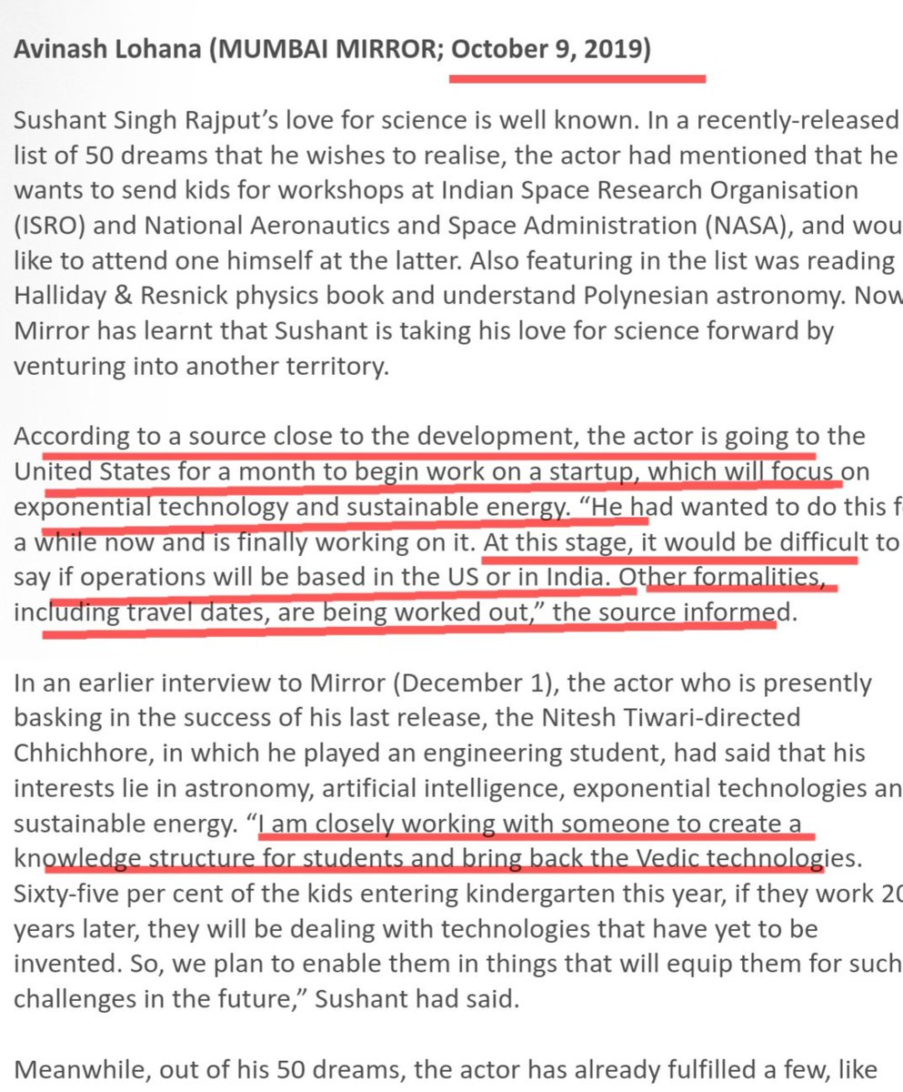 Priya Sinha (@priyasi47091986) on Twitter photo SSR Working On Many Projects
#SSR,in an article dtd 19Oct'20,is quoted saying:"I am closely working with someone 2create a knowledge structure 4 students & bring back d Vedic technologies"
Who was he working with??Where's d blueprint of this project?
<a href="/CBIHeadquarters/">Central Bureau of Investigation (India)</a> <a href="/PMOIndia/">PMO India</a> SSR Working On Many Projects
#SSR,in an article dtd 19Oct'20,is quoted saying:"I am closely working with someone 2create a knowledge structure 4 students & bring back d Vedic technologies"
Who was he working with??Where's d blueprint of this project?
<a href="/CBIHeadquarters/">Central Bureau of Investigation (India)</a> <a href="/PMOIndia/">PMO India</a>