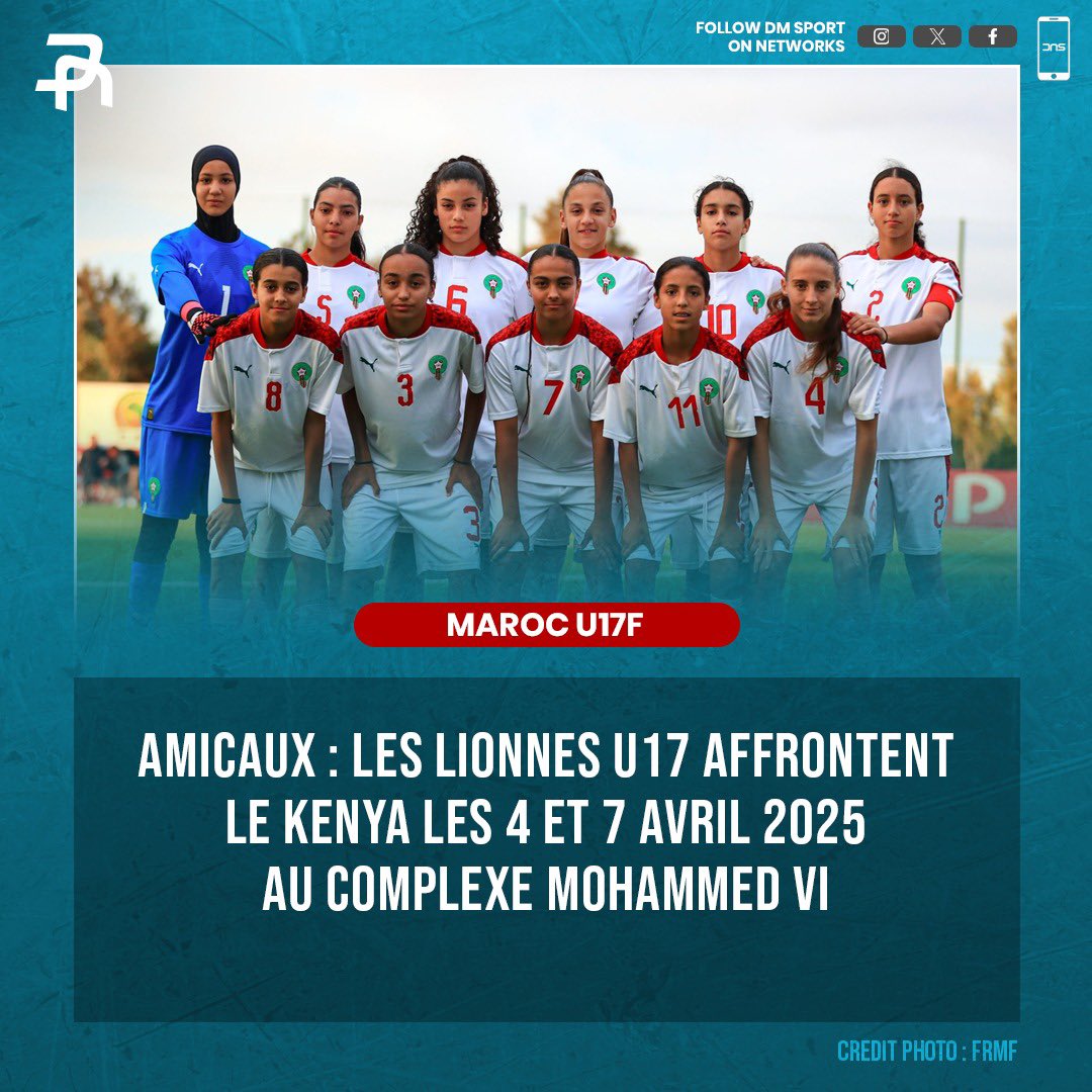 🦁 Les Lionnes U17 affronteront le Kenya 🇰🇪 en amical les 4 et 7 avril 2025 au Complexe Mohammed VI.

Ces matchs s’inscrivent dans la préparation aux qualifications pour la Coupe du monde 2026, où le Maroc débutera au second tour en septembre.

📸 FRMF | via Football Kenya