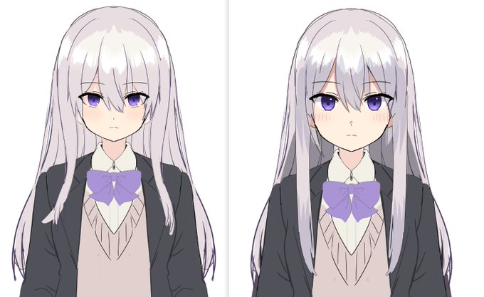 二年前に描いた立ち絵
頭がでかすぎだったので、修正してみたのが右
かなりビフォーアフターできて満足した 