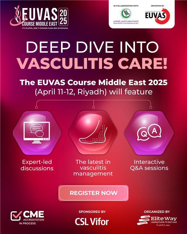 ELITEWAY_LLC's tweet photo. Deep Dive into Vasculitis Care!
π©Ί EUVAS Course Middle East 2025
π
11β12 April 2025
π Crowne Plaza RDC Hotel, Riyadh, KSA
π Register now: https://t.co/BUrWTfwf1q
#EUVAS2025 #VasculitisExperts #MedicalEducation #CME https://t.co/xgkwtTKEYW