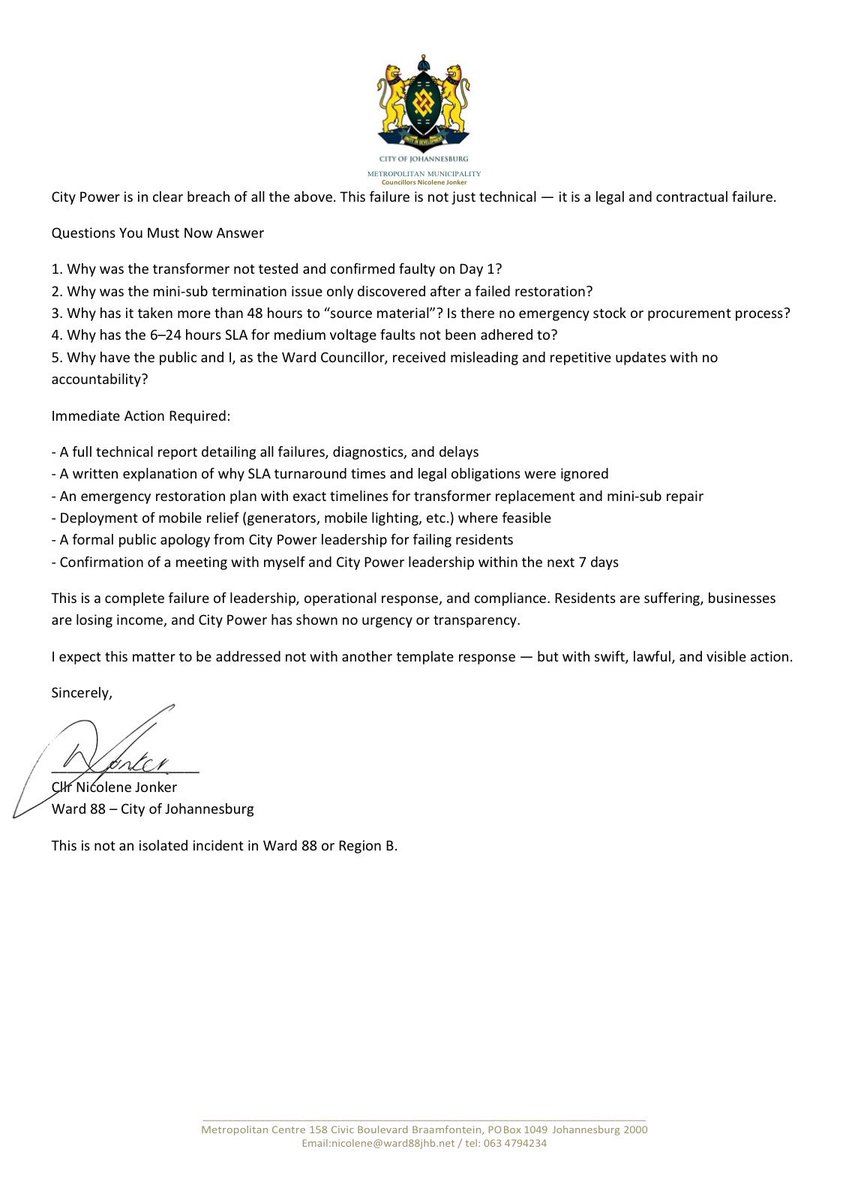 <a href="/CityPowerJhb/">@CityPowerJhb</a> <a href="/TshifuMashava/">Tshifularo Mashava</a> <a href="/CityofJoburgZA/">City of Joburg</a> 

Ms <a href="/Tshifularo/">Gideon Raidani</a> Mashava City Power CEO – CEO, City Power Johannesburg
Ms Liziwe Makoro – Group Head, CRUM
Mr Tshepo Makola – Acting City Manager, City of Johannesburg

DATE: 30 March 2025
TIME: 13:42

SUBJECT: Roosevelt Park Power